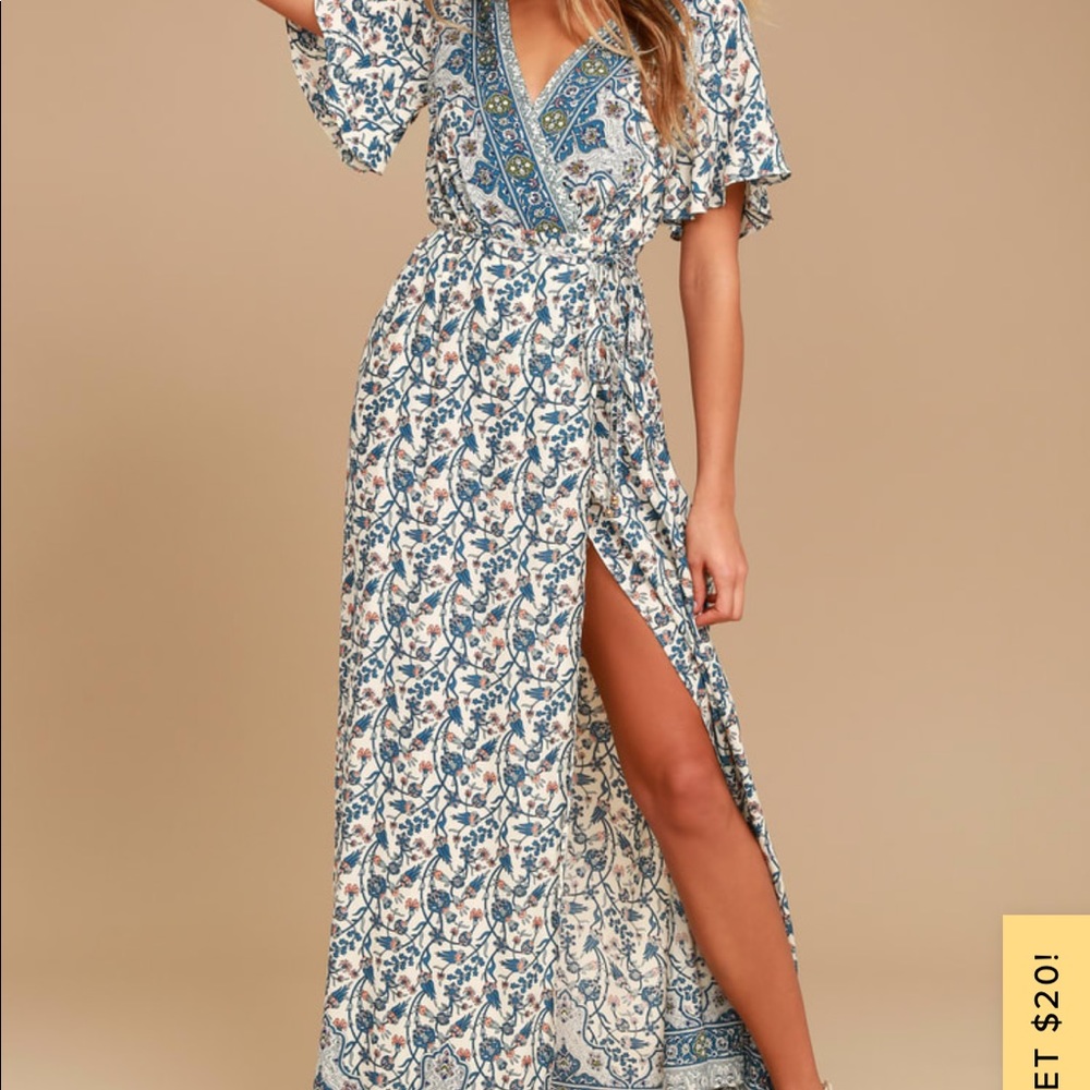 Amabella Cream Print Wrap Maxi Dress